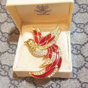 Vintage Designer Giorgio Red Enamel Crystal Bird Brooch